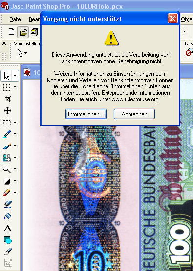 Zensur: Bildverarbeitungssoftware öffnet keine Bilder von Euro-Scheinen