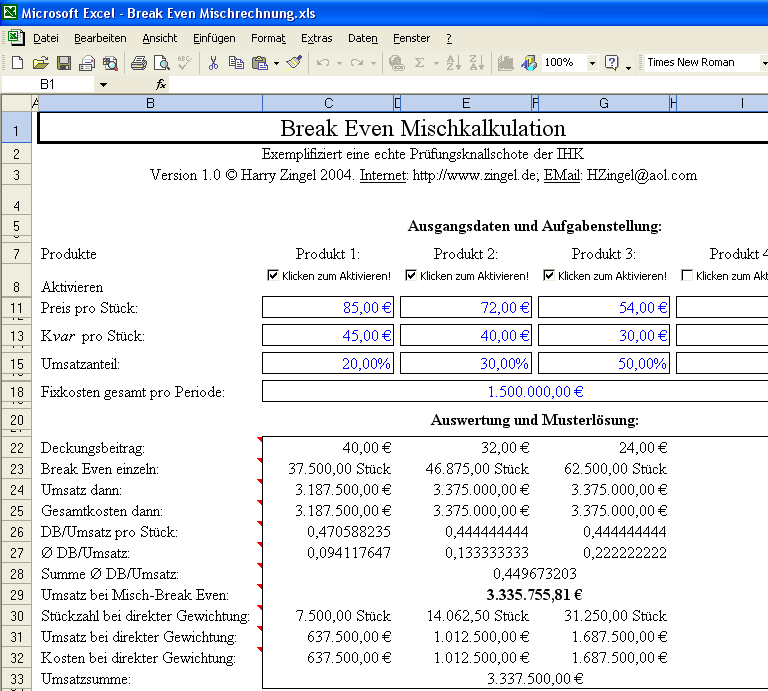 Die Musterlösung zum vorstehenden Problem mit Excel