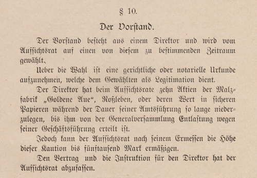 Aus der Satzung der Aktien=Malzfabrik »Goldene Aue«