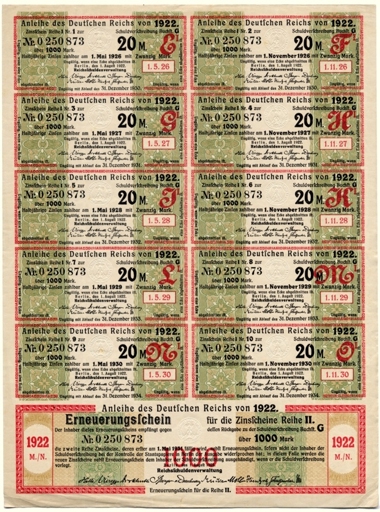 Coupons zur Zwangsanleihe des Deutschen Reiches von 1922