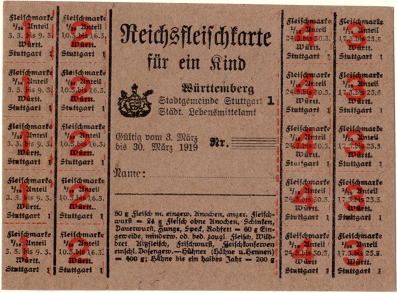 Reichsfleischkarte für ein Kind von 1919